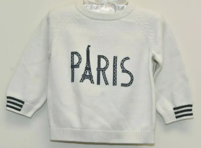 $59 NEW Jacadi Sweater PARIS White Cotton WOOL Navy Blue Baby Boy Girl 12 M