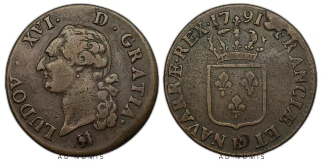 France Sol à l'écu 1791 B Rouen Louis XVI TTB+ Cuivre pièce de monnaie royale