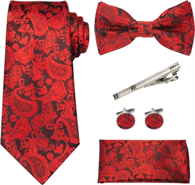 RBOCOTT SOLID COLOR Paisley Tie and Bow Tie with Pocket Square and Tie ...