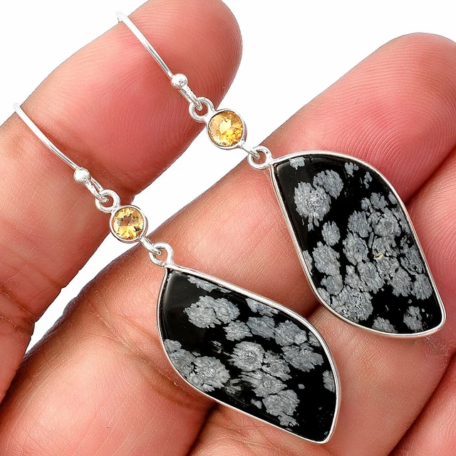 Snow Flake Obsidian & Citrine 925 Sterling Silver Earrings Jewelry E-1002