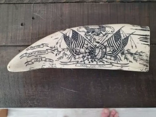 Scrimshaw Sperm whale tooth resin REPRODUCTION USS Constitution vs HMS Guerriere