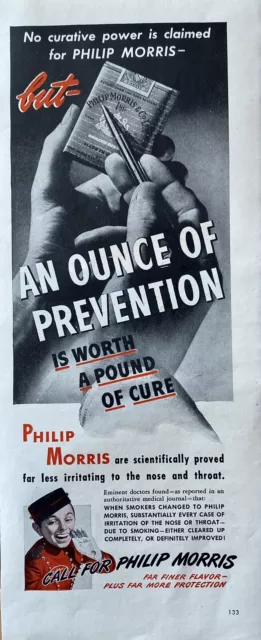 Vtg Print Ad 1945 Philip Morris Cigarettes Retro Man Cave Gift MCM Tobacco