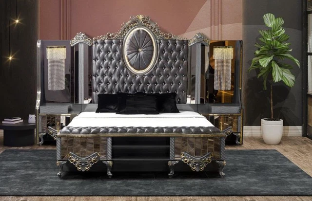 Ensemble Chambre à Coucher Double Luxe Lit ClassiqueЕ Noir Set 3tlg