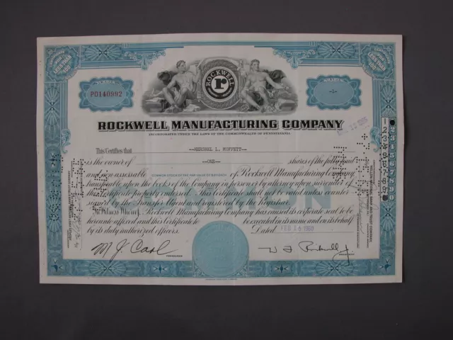 ROCKWELL MANUFACTURING COMPANY - STOCK CERTIFICATE Aktie acción share action azi