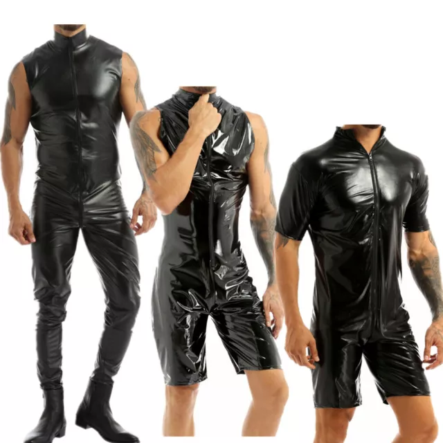 Men's Sexy Faux Leather Bodysuit Wet Look Kinky Zipper Catsuit Jumpsuit Clubwear