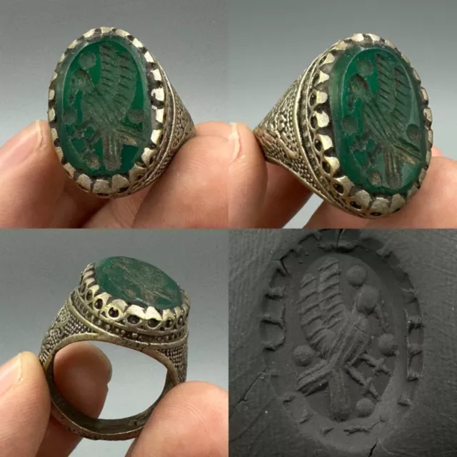 Very unique ancient Roman silver plated jade stone bird intaglio ring