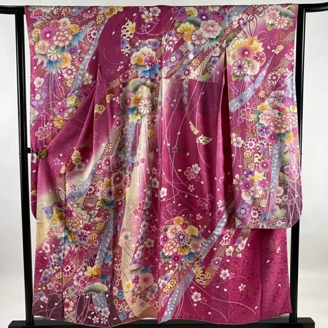 Woman Japanese Kimono Furisode Silk Kusudama Noshi Embroidery Gold Foil DarkPink