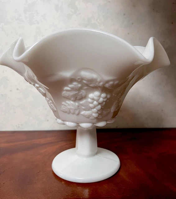 Westmoreland Paneled Grape Milk Glass Crimped Rim 6 X 8" Compote Bowl