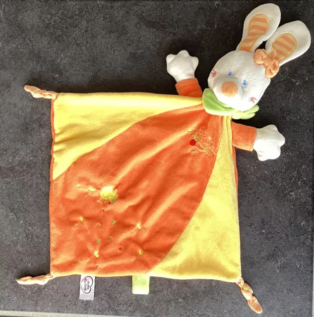 Doudou Mots d’enfants lapin orange jaune plat losange noeud bandana vert oiseau