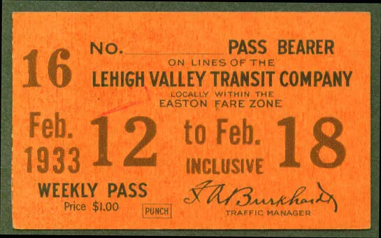 Lehigh Valley Transit Easton Zone Weekly Pass 1933