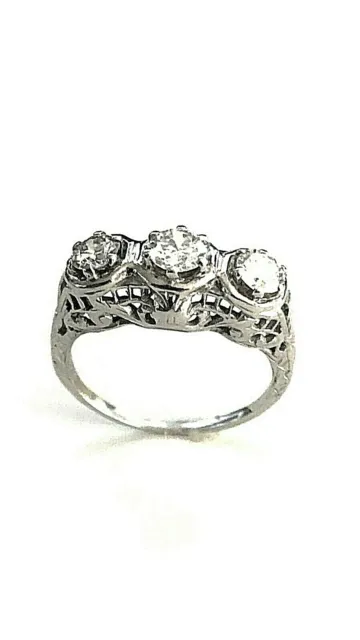 $6900     1950's ANTIQUE WHITE GOLD DIAMOND FELIGREE 3 STONE RING 0.80 CT F VS2