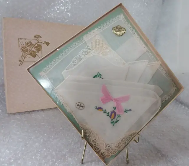 Vintage Swiss Hand Loom Embroidery Ladies Hankies-New Original Box of 3 - 1950's