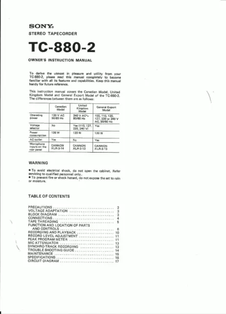 Sony Bedienungsanleitung mit Service Schaltplan für TC 880-2 Copy user manual