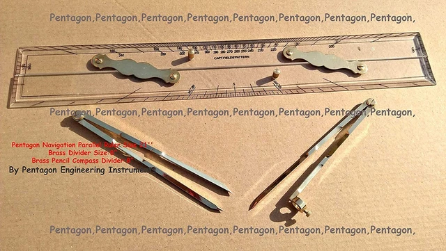 Parallel Ruler Brass Divider Pencil Compass Wooden Box Navigation Instrument Parallel Ruler Brass Divider Pencil Compass Wooden Box Navigation Instrument