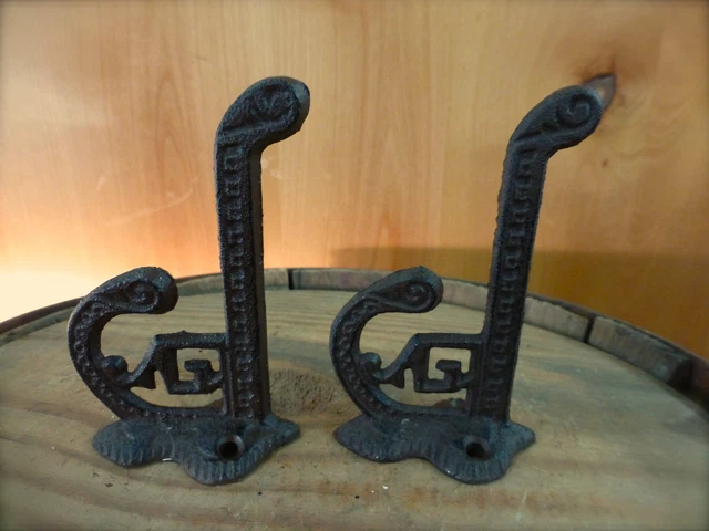 2 BROWN ANTIQUE-STYLE CAST IRON EASTLAKE-STYLE VICTORIAN COAT HOOKS hardware art