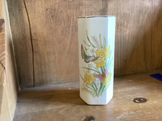 6 Sided White With Flowers And Butterflies Vase