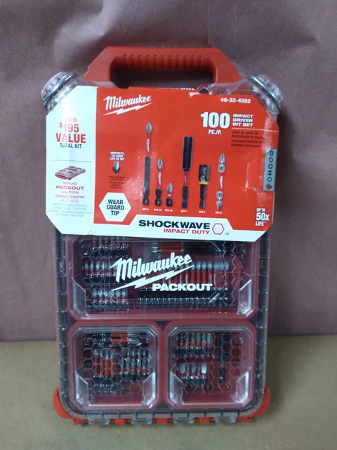 MILWAUKEE 100-PC SHOCKWAVE Impact Driver Bit Set- w/Packout Organizer ...
