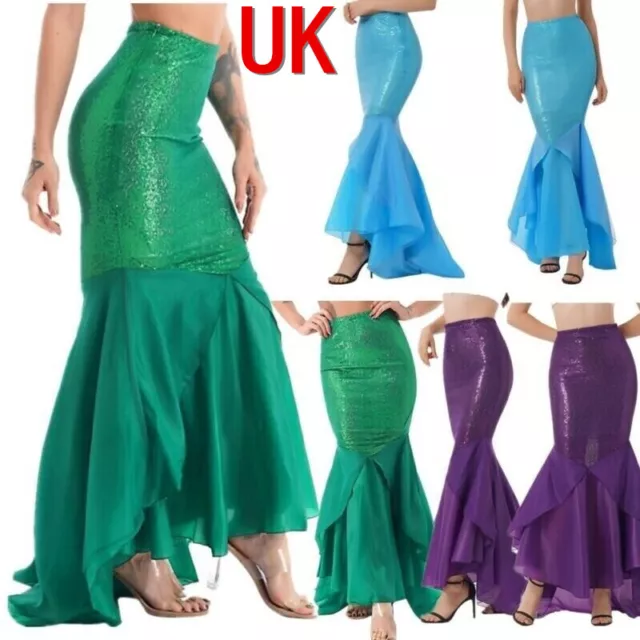 UK Women Shiny Sequined Mermaid Tail Halloween Cosplay Costume Maxi Skirt Party