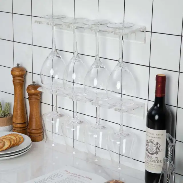Clear Acrylic Wall Mounted 4-Slot Wine Glass Hanging Rack, Set of 2 3