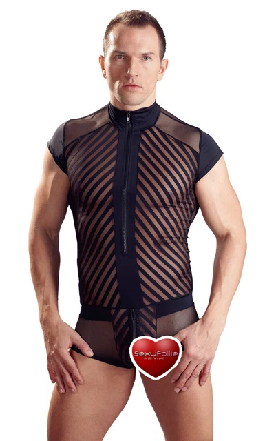 Jumpsuit intera per uomo maniche corte Sexy tutina Lingerie a rete e strisce