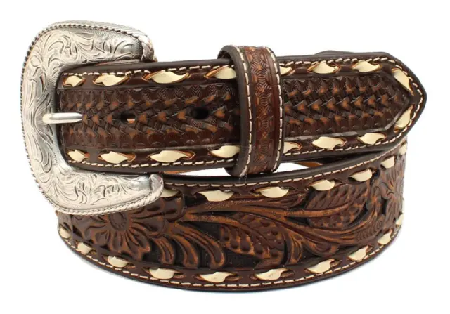 Ariat Western Mens Belt Leather Weave Embossed Floral Laced Brown
