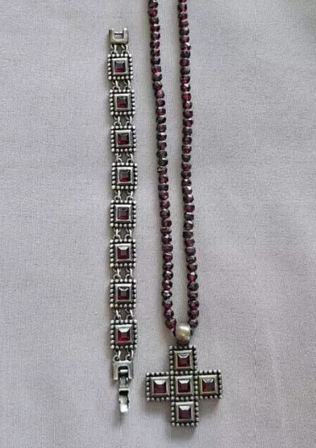 Alter 925er Silber Trachtenschmuck / Kreuz und Armband mit Böhmischen Granaten