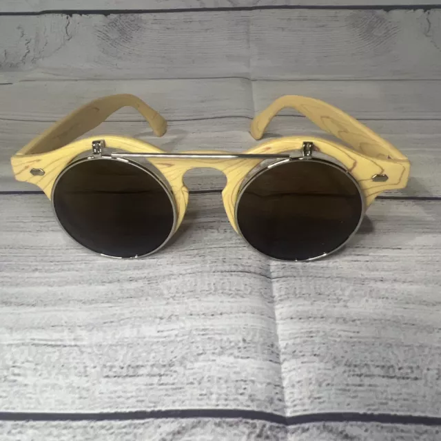 Flip Up Sunglasses Ladies & Mens Round Wood