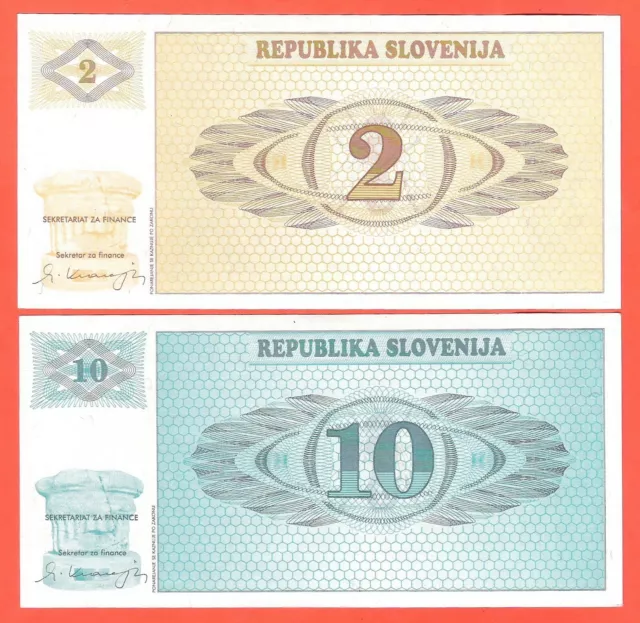Republic of Slovenia, 2 and 10 Tolars 1990. P-2, P-4. XF +