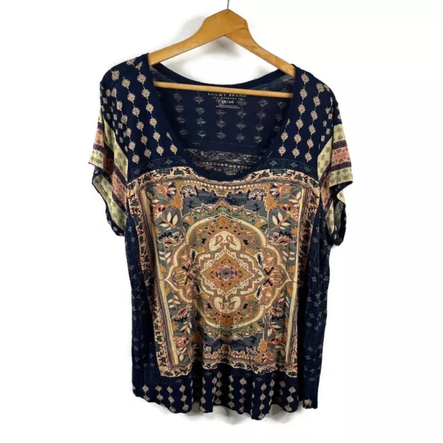 Lucky Brand Womens T-Shirt Top Size 2X Navy Blue Indonesian Print Short Sleeve