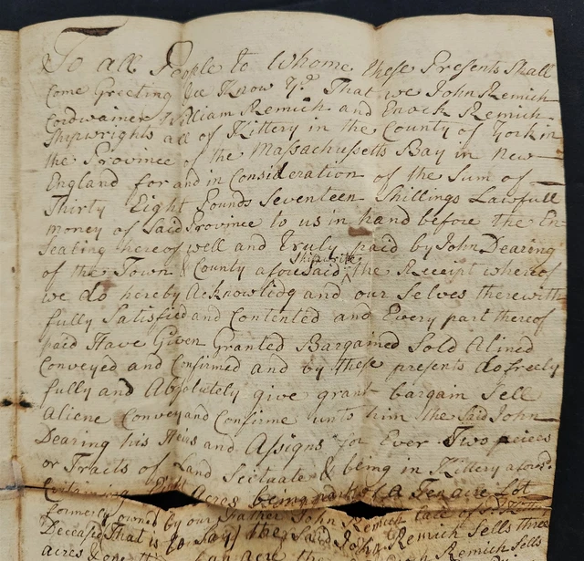 1765 antique COLONIAL DEED kittery me REMICK DEERING FAMILY shipwright