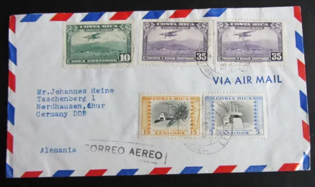 Briefmarken Costa Rica 1956 Luftpostbrief nach Deutschland mit 7 Marken