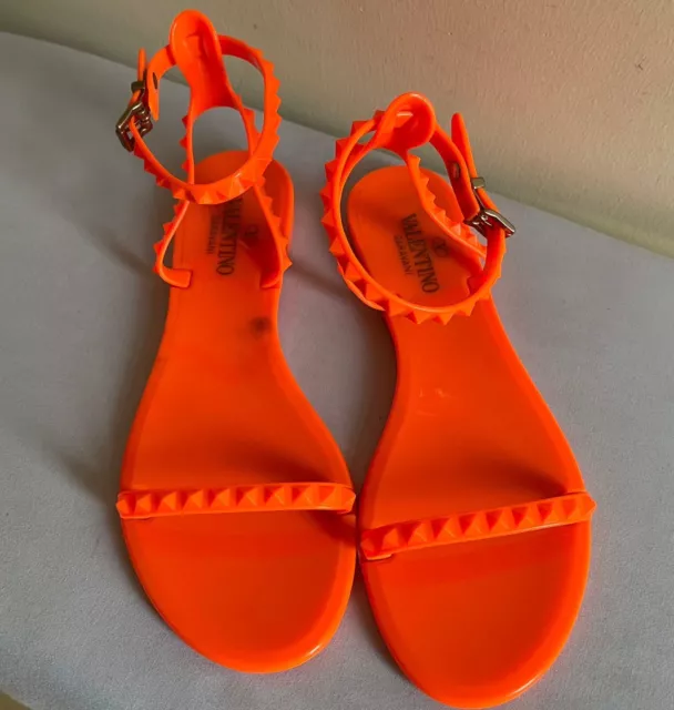 Valentino Garavani Neon Orange Jelly Rockstud Ankle Strap Flat Sandal 41 US 11