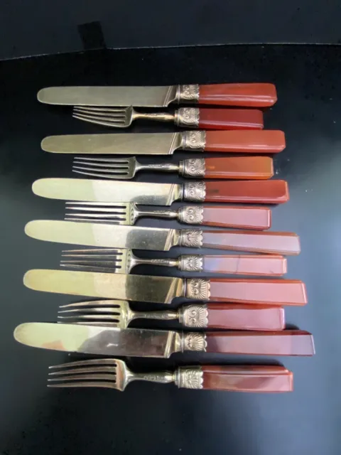 Antique Silver 12 Pc  Forks And Knives. 17th Century London Carnelian Handles