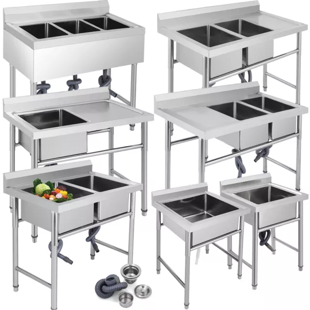 VEVOR Plonge Évier de Cuisine 1/2/3 Bacs Commercial en Acier Inox Professionnel