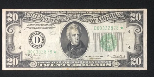 1934 $20 STAR Cleveland Fed. Reserve Note - FR 2054a-Dm* Dark Blue Green Seal