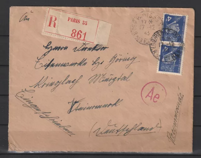 Frankreich Reco R-Brief Paris nach Krieglach/Steiermark, Zensur 1943 #1090017