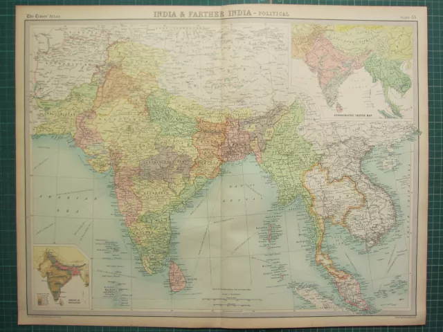 1921 Large Map ~ India & Farther India ~ Malay Burma Cambodia Siam Assam Bengal