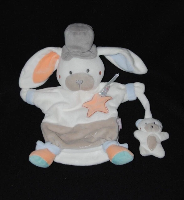Doudou marionnette lapin Charlestone BEBE9 bébé 9 orange blanc chapeau NEUF