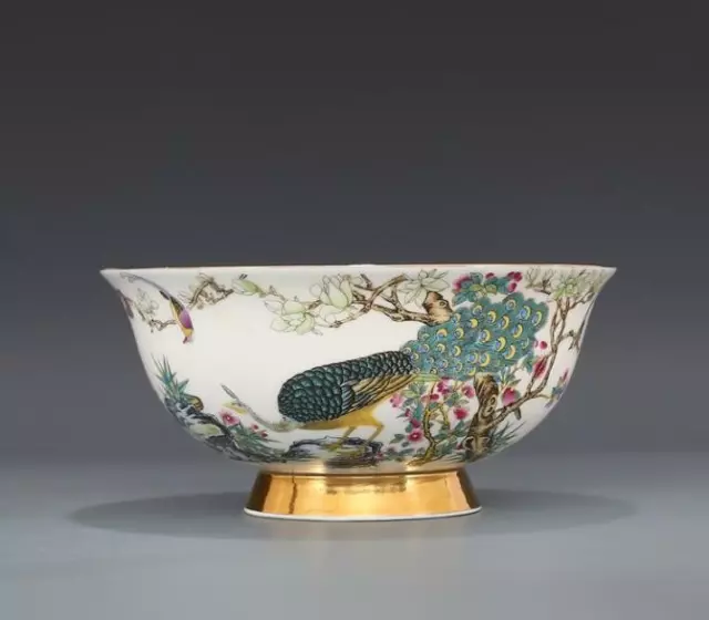 6.3" China Famille-rose Porcelain Peacock Peafowl Bird Flower Ornament Bowl