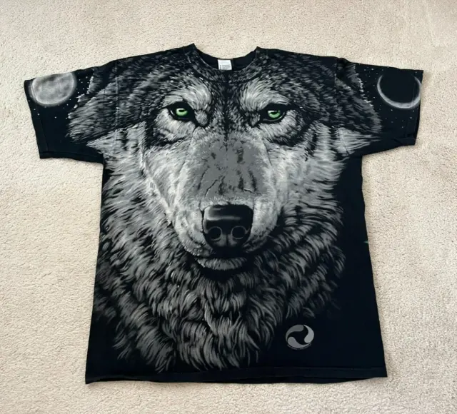 Vintage Liquid Blue T Shirt Mens XLarge Black Wolf All Over Double Sided 1996