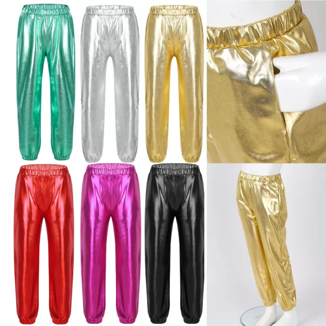 Girls Boys Metallic Shiny Jazz Hip Hop Street Dance Pants Harem Pants Dancewear