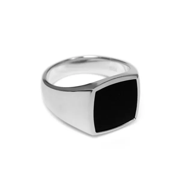 Anillo de sello de ónix negro con forma de cojín simple de plata de ley...