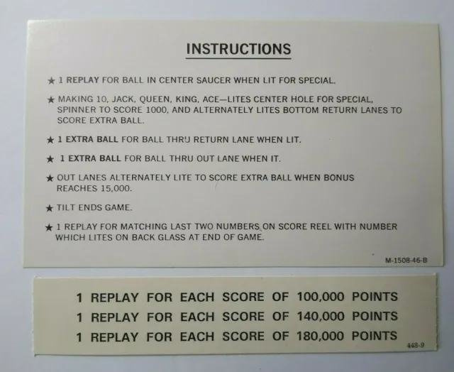 Hi Deal Pinball Machine Score Card Instructions 1975 NOS Original Replay
