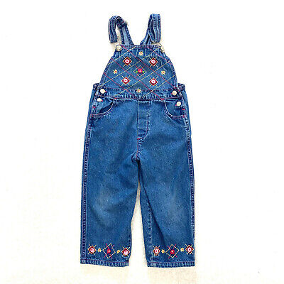 Cute! Vintage Denim Blue Jean Overalls Girls Size 4T Felt Flower Embroidery