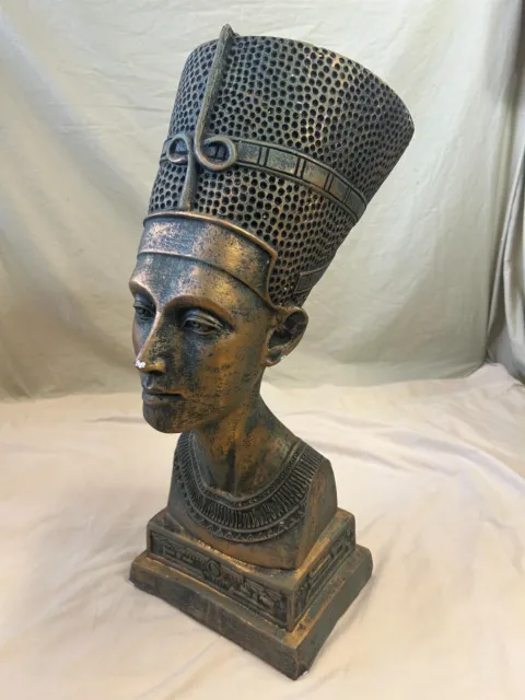 Vintage EGYPTIAN QUEEN NEFERTITI Large "Bronze" Plaster Bust Sculpture 20x8x12"