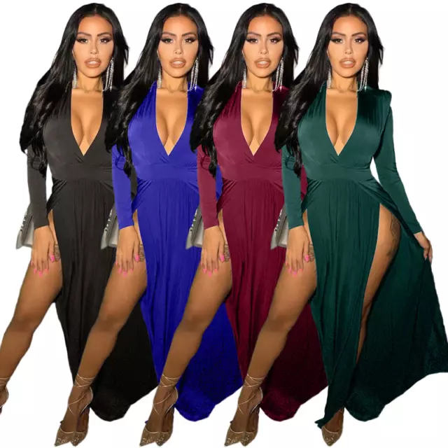 Women Long Sleeve Deep V-neck High Slit Maxi Dress Party/Cocktail Dress Clubwear