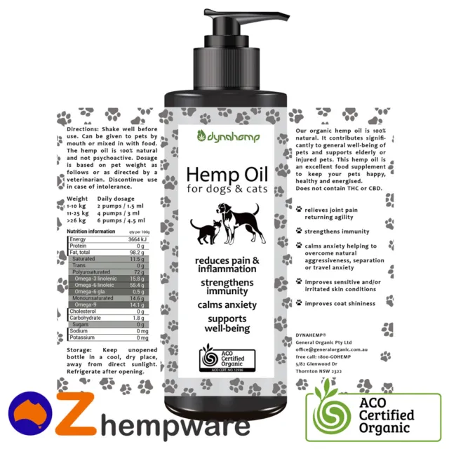 HEMP OIL FOR DOGS CATS PETS AUSTRALIAN CERTIFIED ORGANIC REGULAR 250ml 500ml 5l