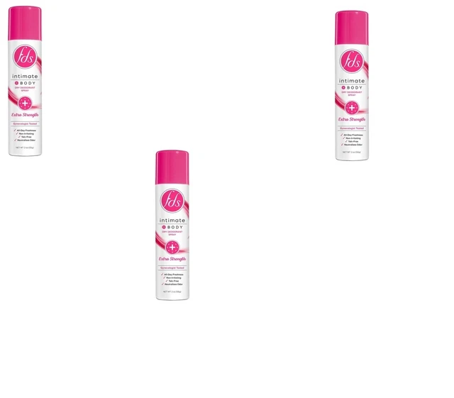 BL Fds Intimate + Body Dry Spray Desodorante Fuerza Extra 2 oz cada uno *PAQUETE DE TRES*