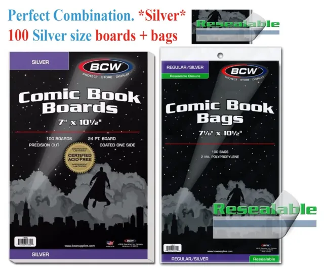 100 BCW Silver Era Comic Book RESEALABLE Bags Sleeves + Back Boards 7 x 10 1/2"