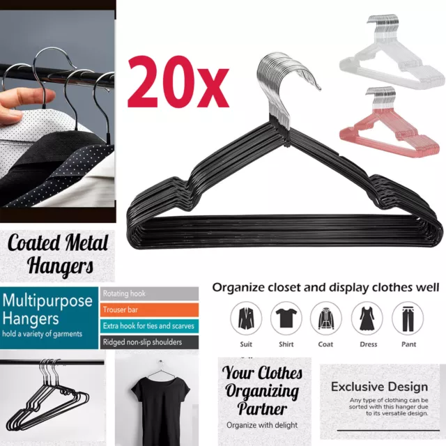20x Metal Coat Hangers Clothes Space Saving Non Slip Organiser with Trouser Bar